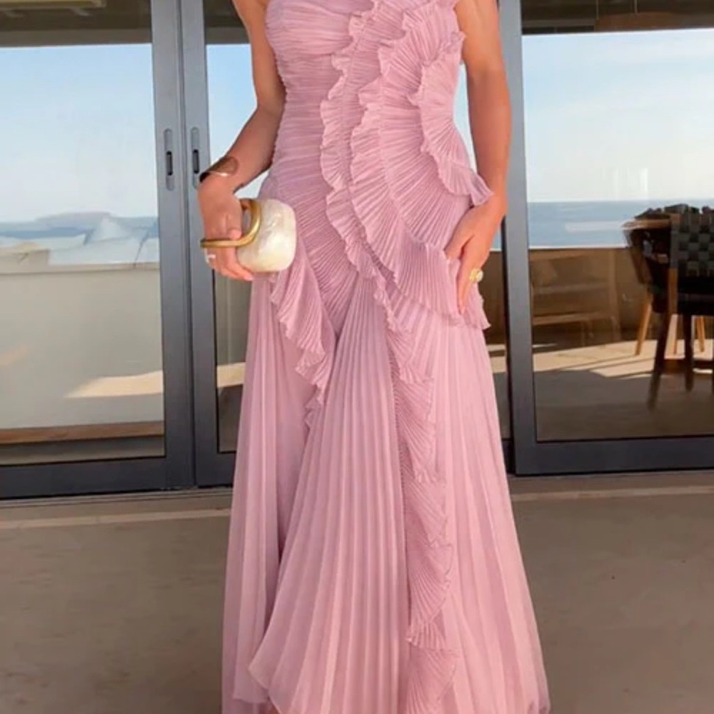 Elegant One Shoulder Ruffle Dress in Light Blush